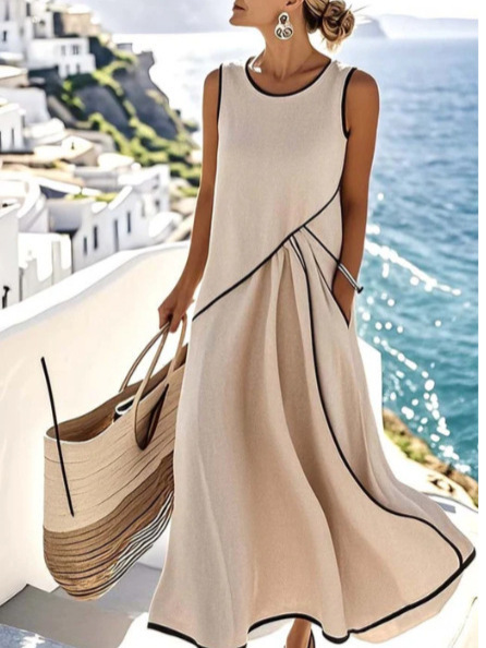 Women's Sleeveless Crew Neck Colorblock Knit Maxi Dress