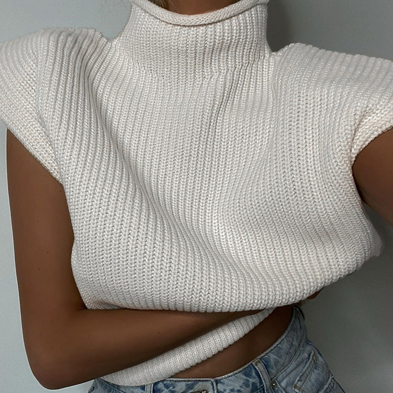 Women's High Neck Short Sleeve Knit Top Solid Color