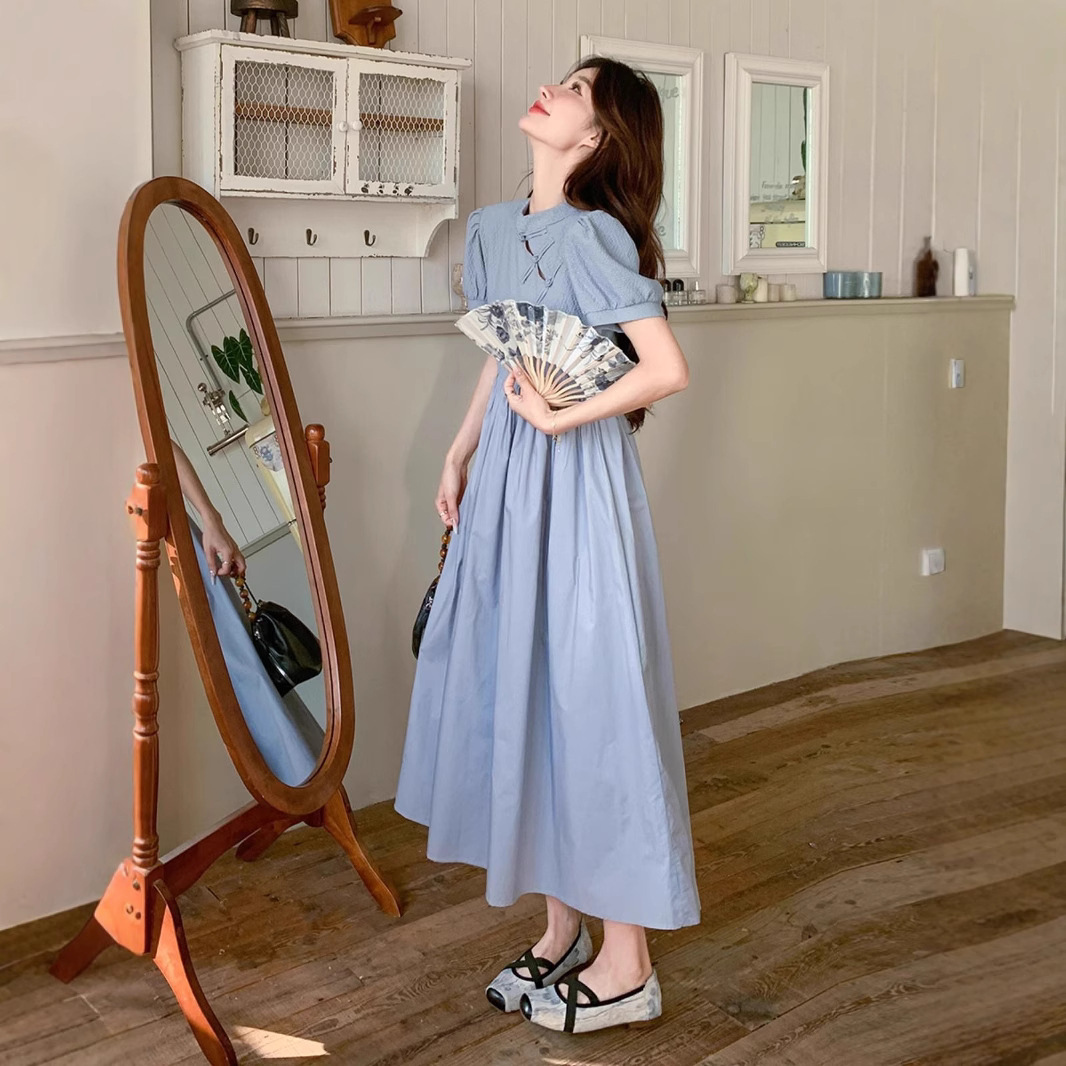 Blue New Chinese Style Dress Summer Short Sleeve A-Line Long Qipao-Inspired