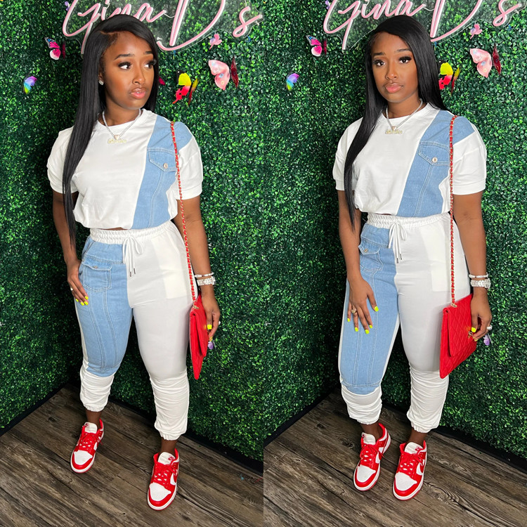 Women's Colorblock Hoodie & Denim Pants Two-Piece Set