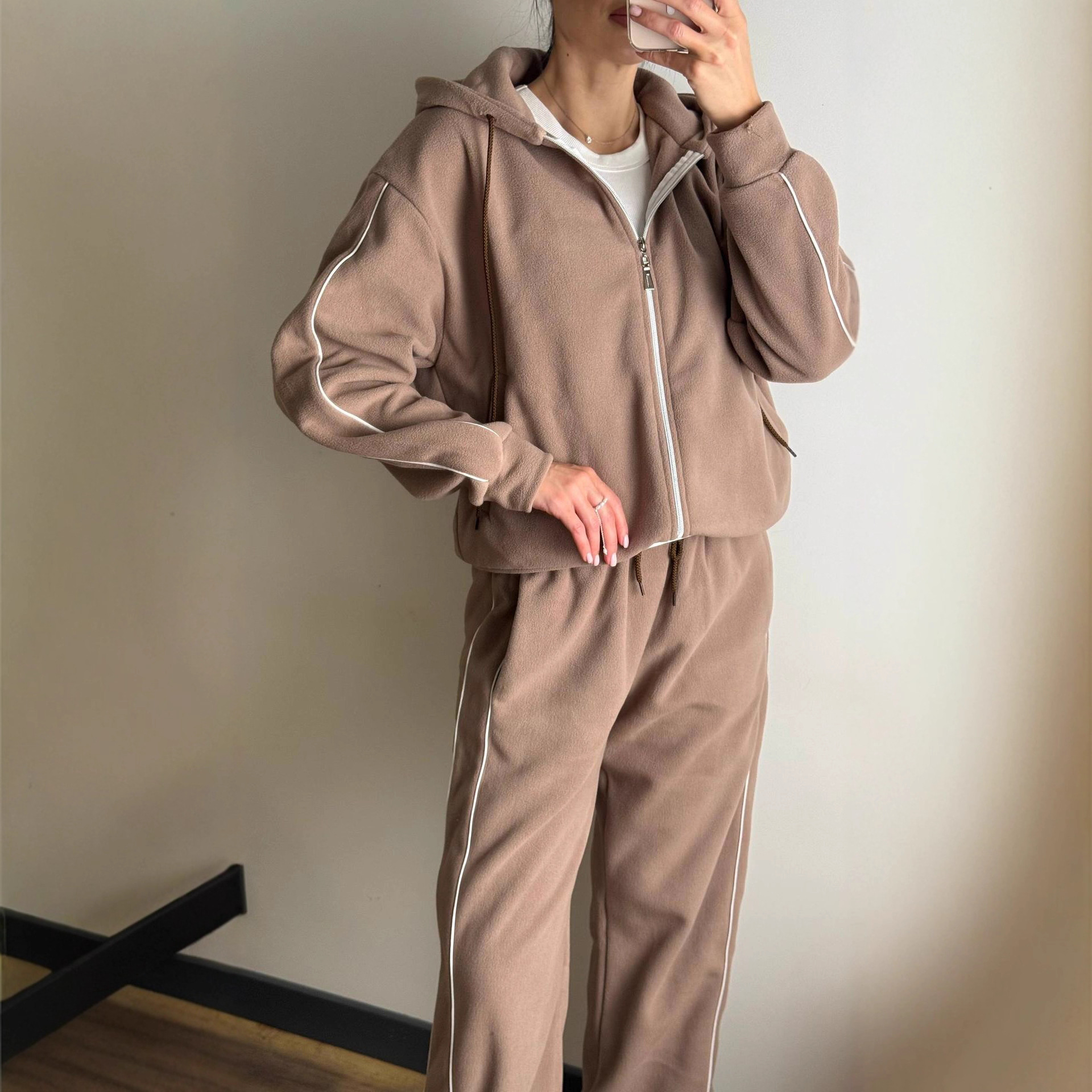 Women's Fleece Hooded Cardigan and Wide-Leg Pants Two-Piece Set