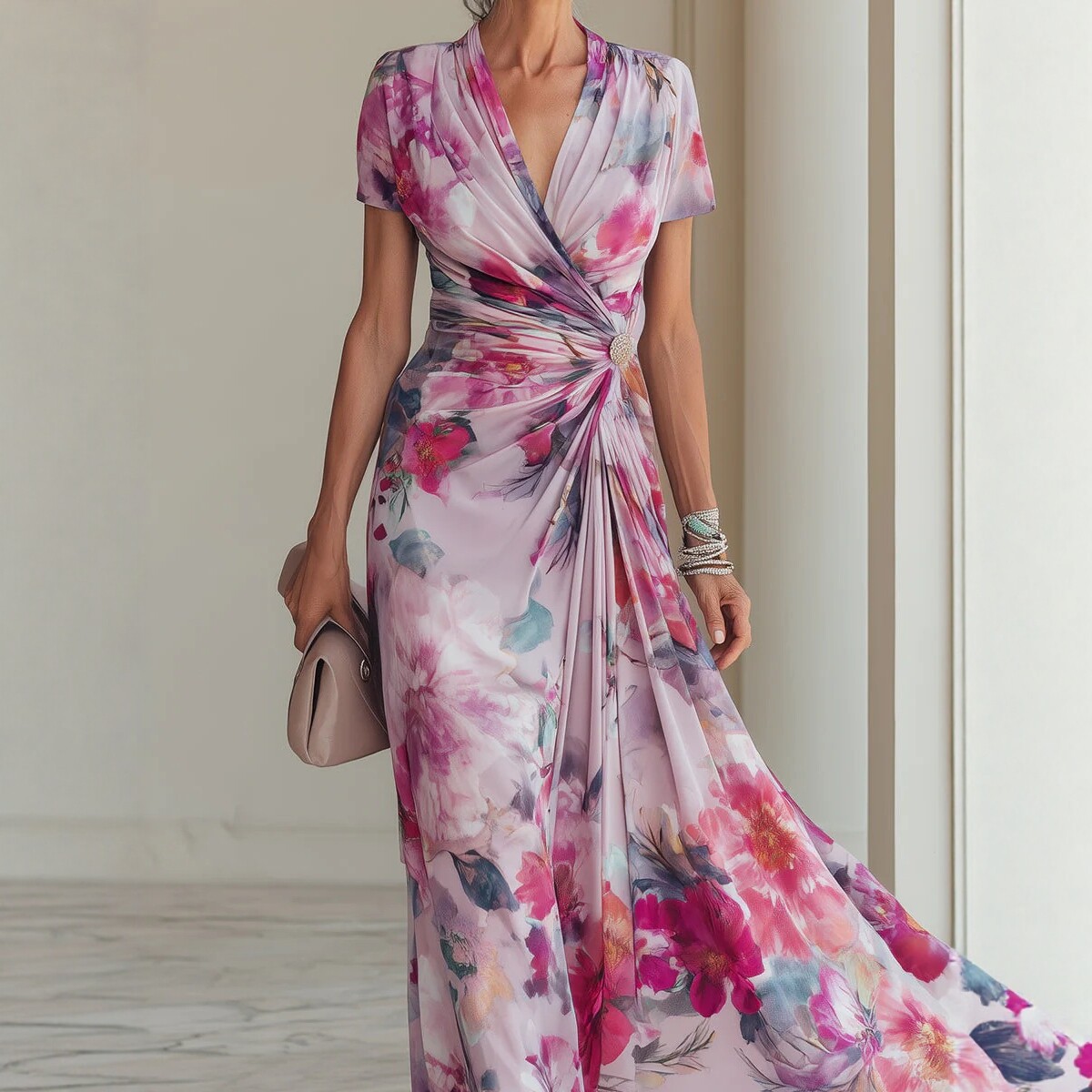 French V-Neck Short Sleeve Watercolor Floral Knot-Waist Flowy Maxi Dress