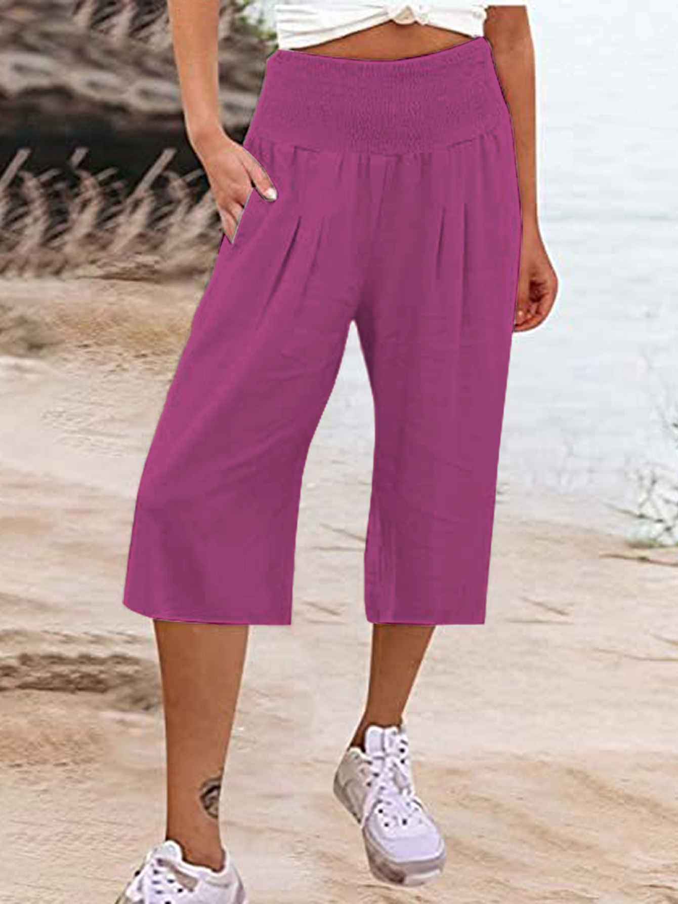 Women's Summer Smocked Wide-Leg Capri Pants Casual Loose Fit