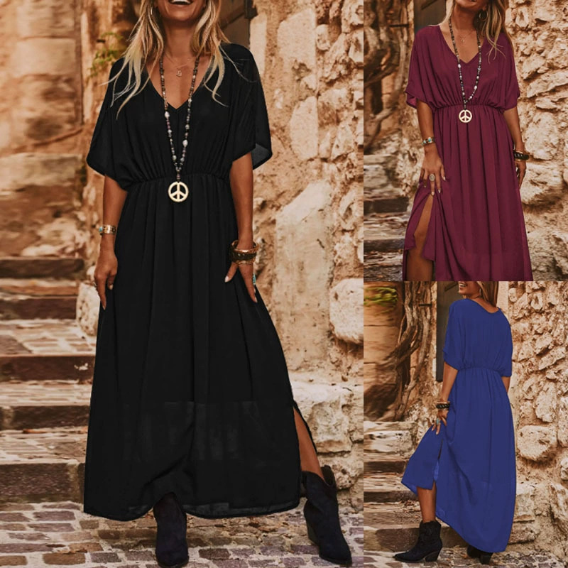 Plus Size Batwing Sleeve V-Neck Maxi Dress