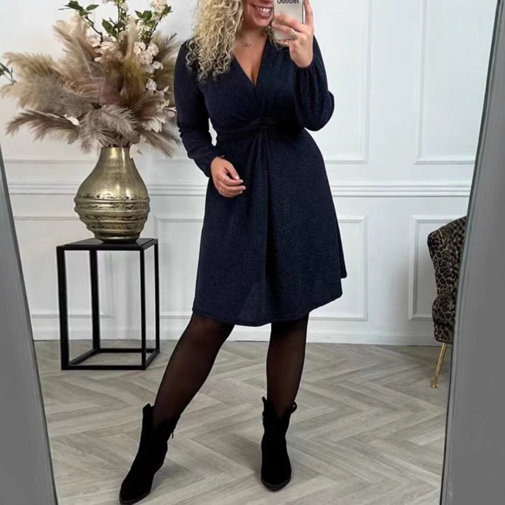 V-Neck Long Sleeve Tie-Waist Midi Dress
