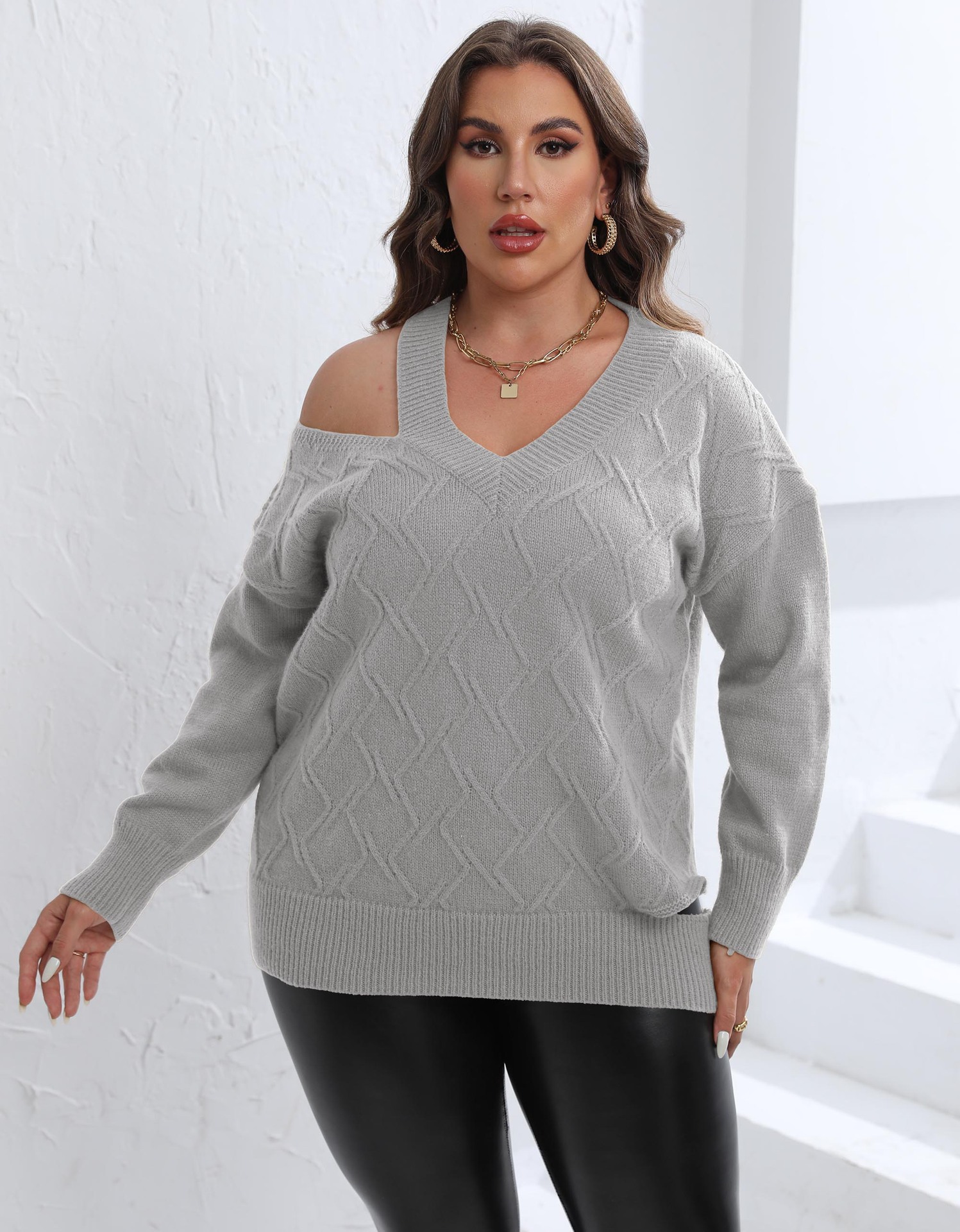 Women's Plus Size Off-Shoulder V-Neck Knit Sweater