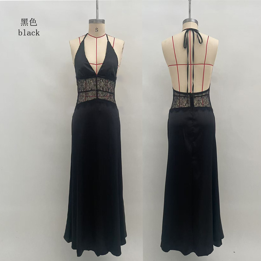 Elegant Deep V Satin Halter Maxi Dress with Waist-Cinching