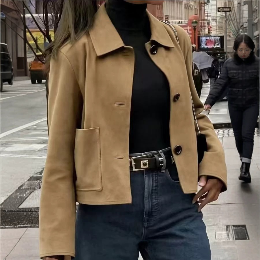 Suede Women's Slim Fit Single-Breasted Lapel Commuter Jacket