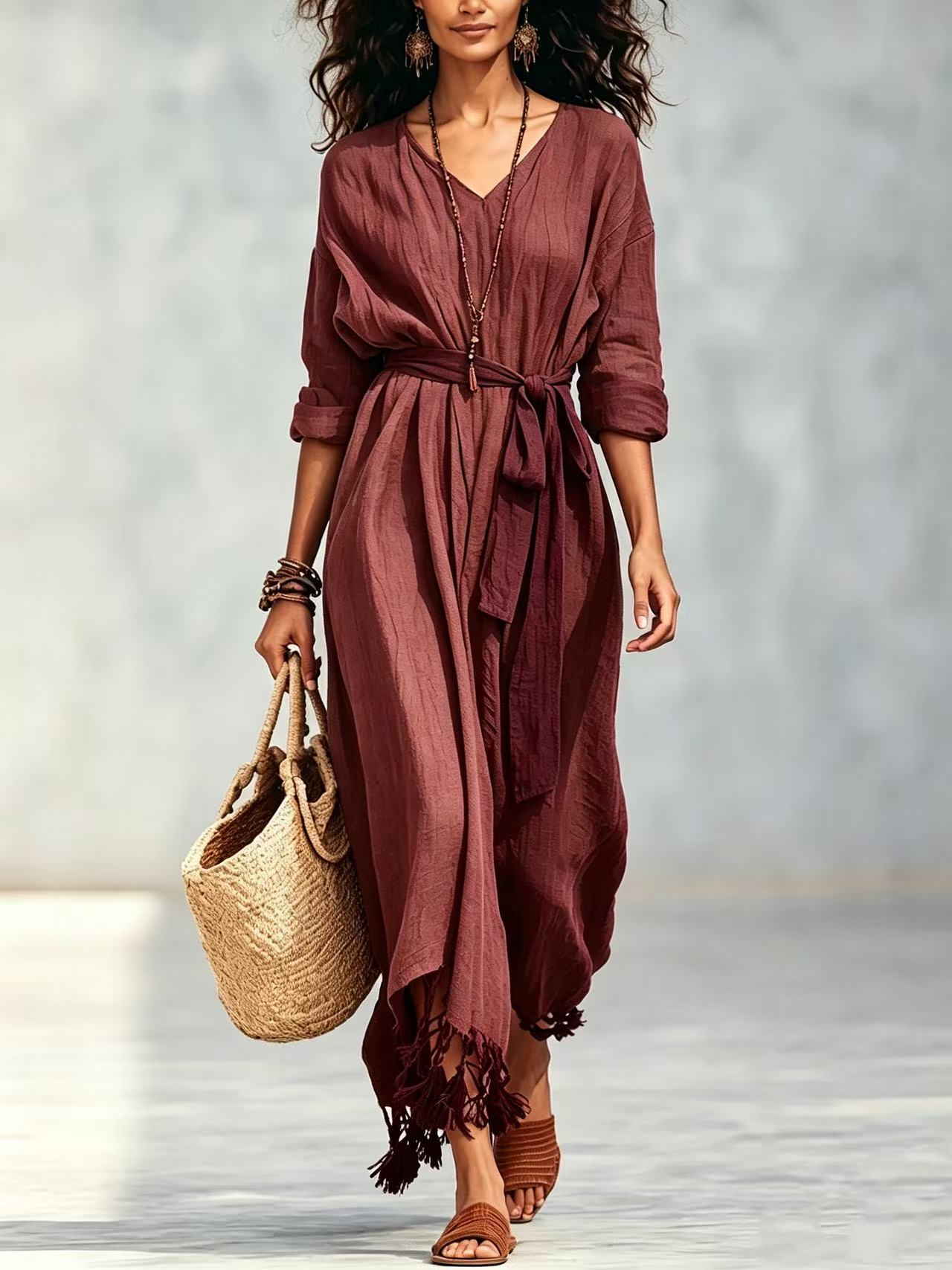 Boho V-Neck Tie-Front Fringe Hem Midi Dress