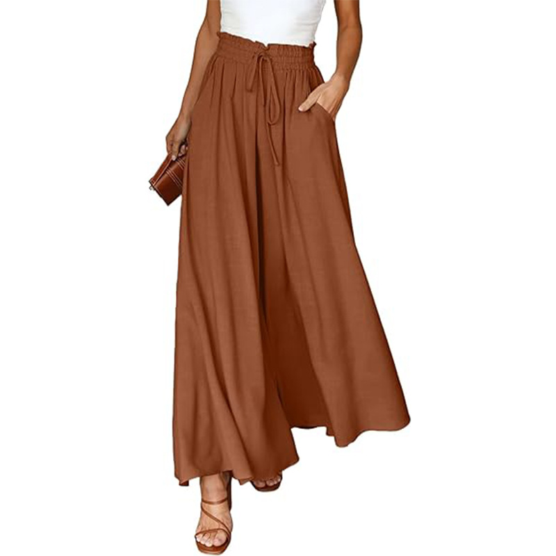 Women's High-Waist Wide-Leg Cotton-Linen Pants Skirt with Pockets