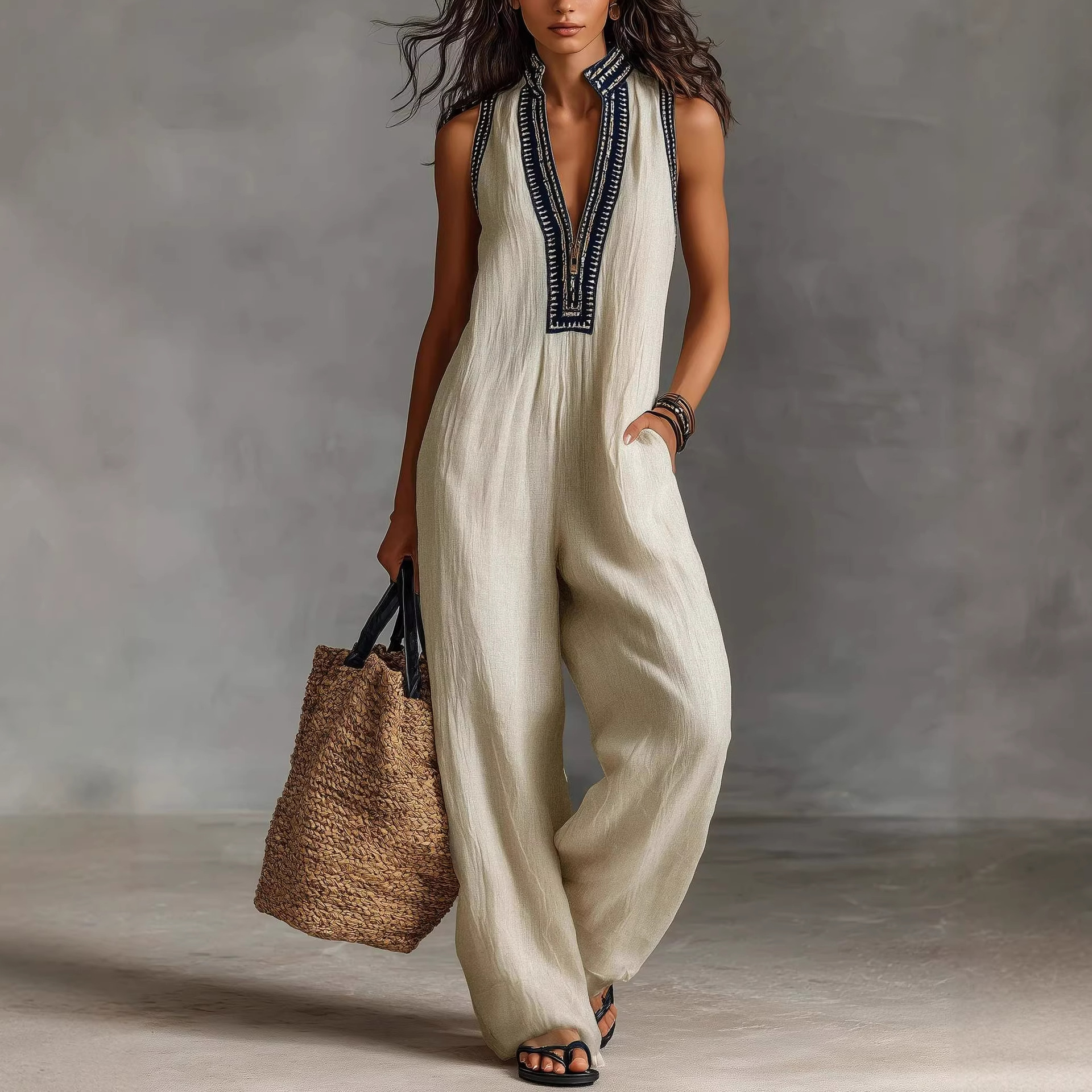 Women's Sleeveless Linen-Blend Jumpsuit with Zip Stand Collar and Embroidery