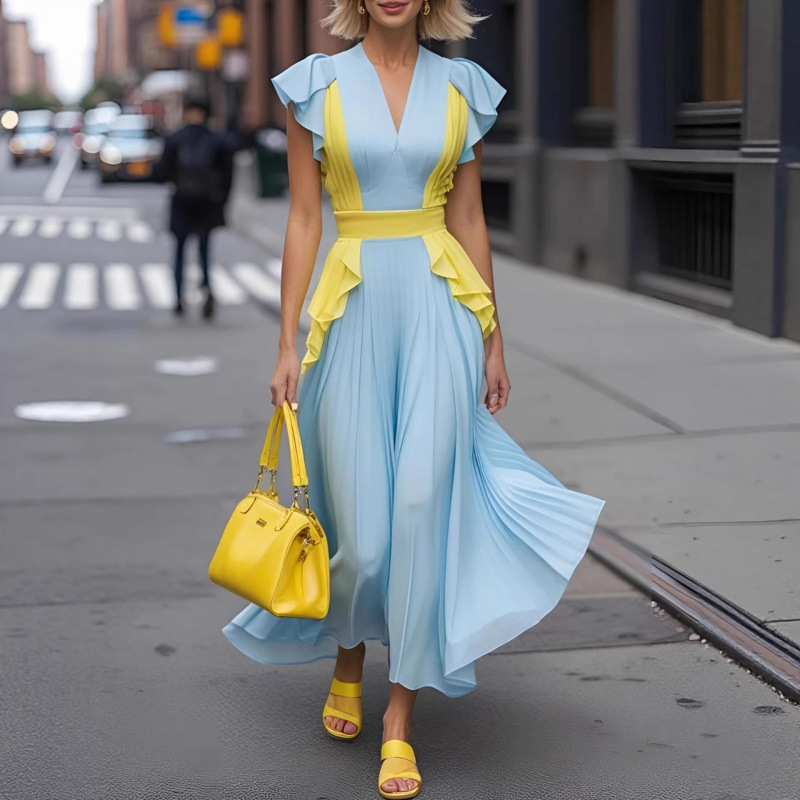 Elegant Color-Block Pleated V-Neck Long Dress with Spliced Slim Fit
