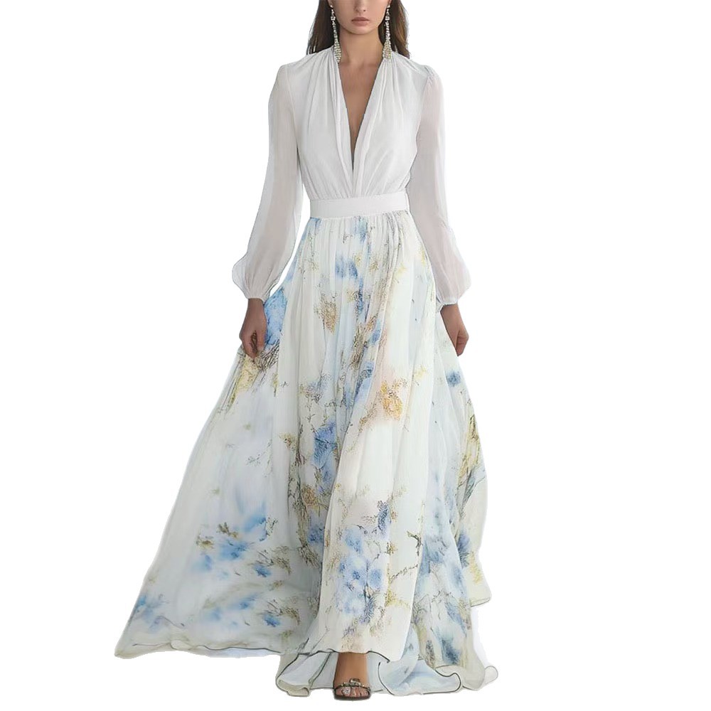 Floral Print Long Sleeve V-Neck A-Line Midi Dress