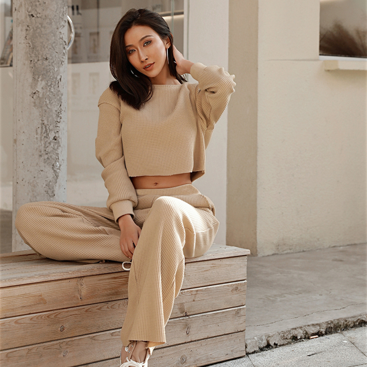 Women's Casual Waffle Knit Two-Piece Sweatsuit Set Long Sleeve