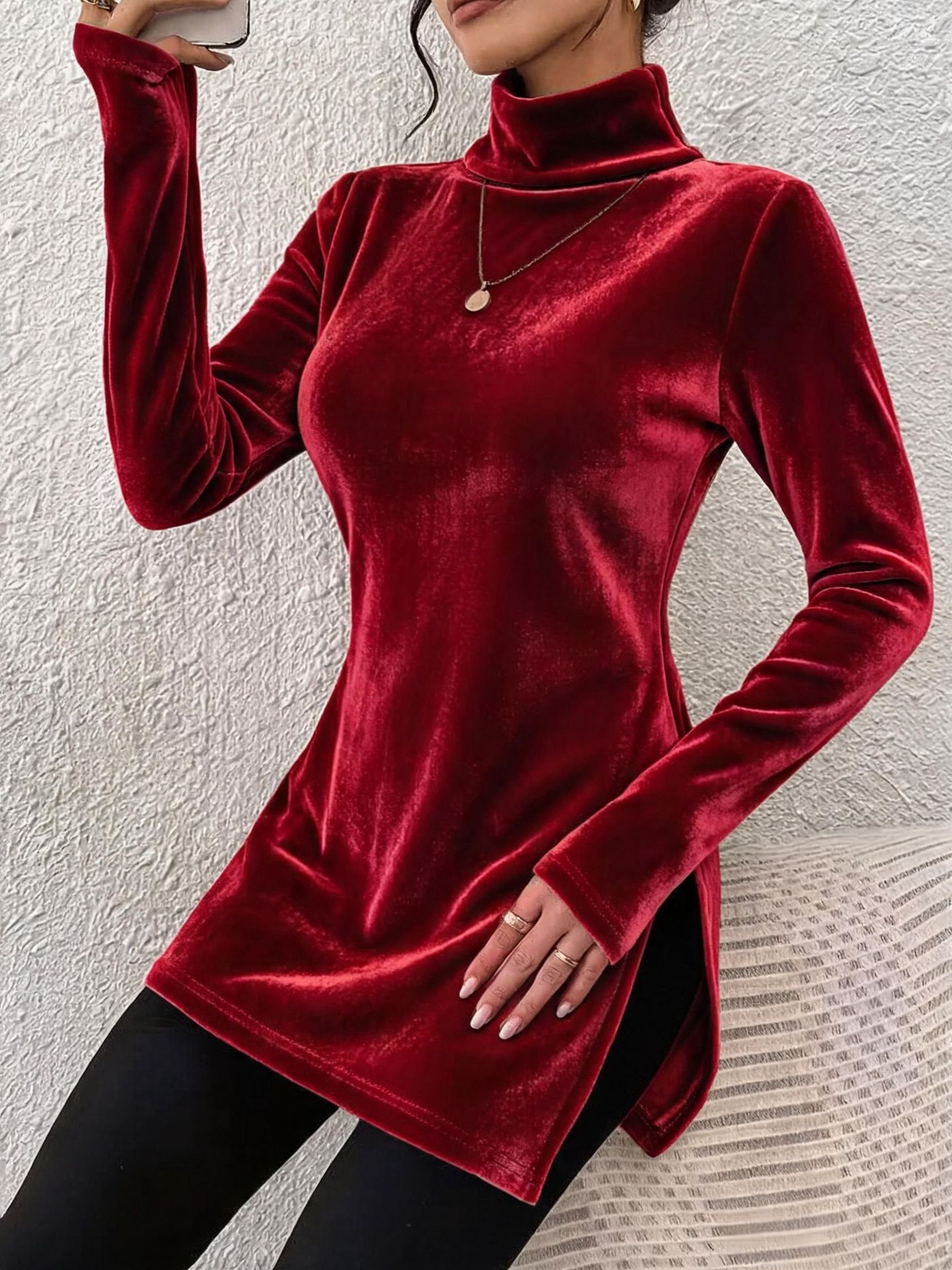 Women's Velvet High Neck Split Slim Fit Pullover Top