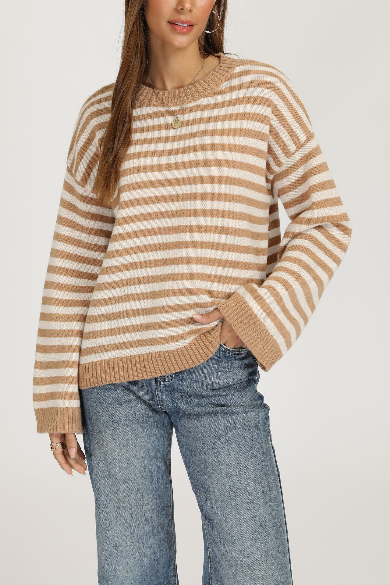 Striped Knit Pullover Sweater, Loose Fit Crew Neck Long Sleeve