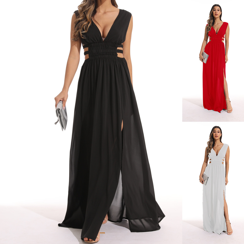 Women's Deep V-Neck Backless Maxi Dress with Flared Skirt