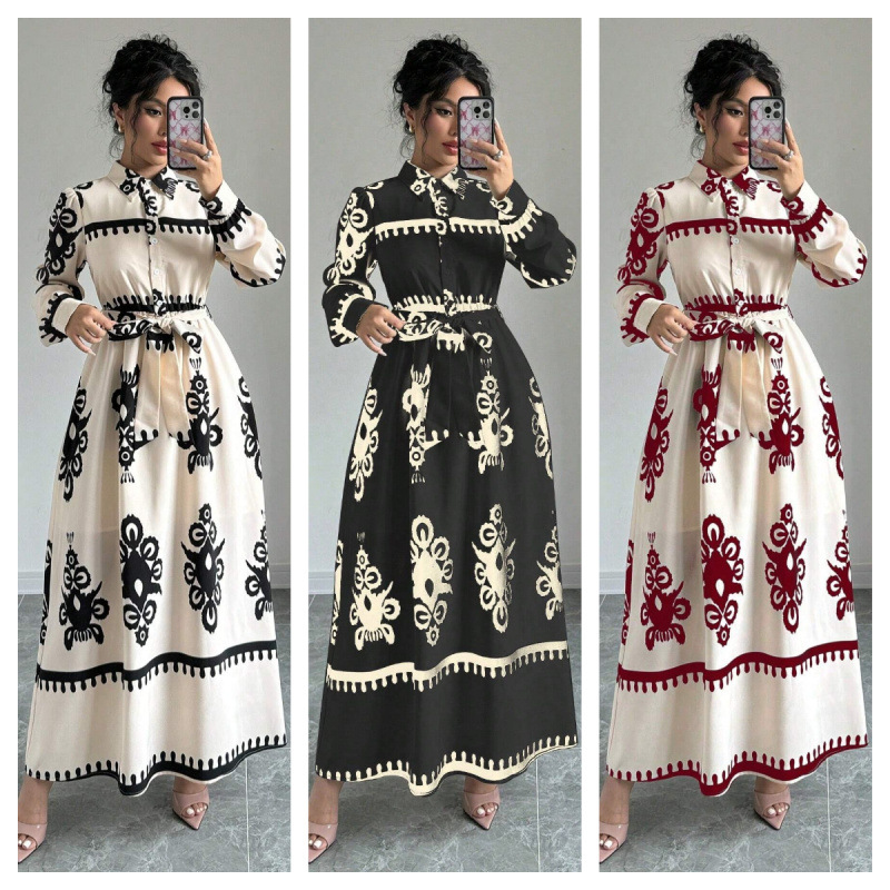 Printed Long-Sleeve Collared Shirt Dress