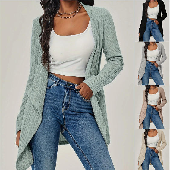 Women's Ribbed Knit Open Front Cardigan Long Sleeve Solid Color