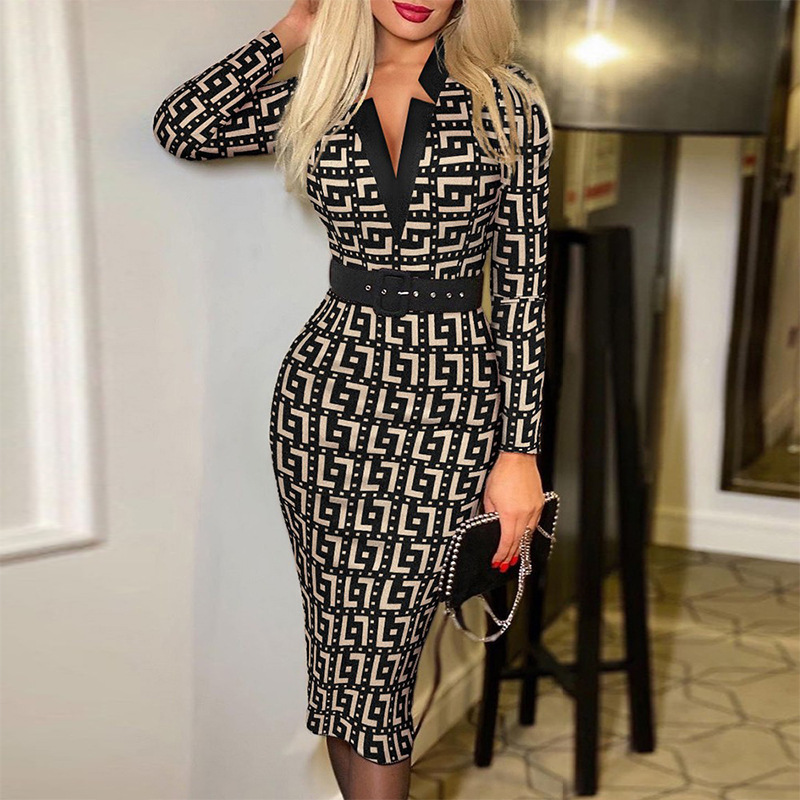 Plaid V-Neck Bodycon Long Sleeve Dress with Belt