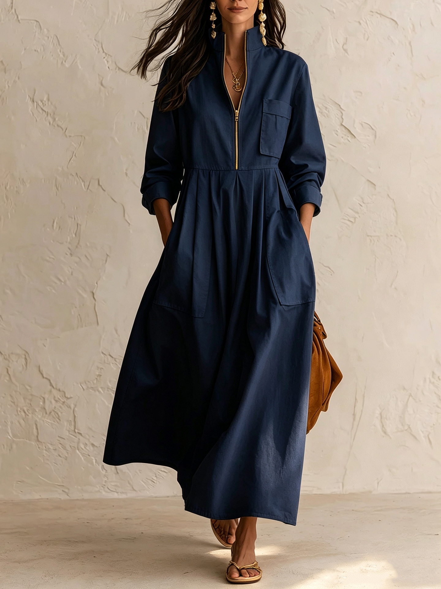 Gold Half-Zip Stand Collar Dress with Pockets Loose Pleated Maxi Long Sleeve