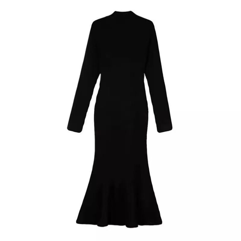 Black Half-Turtleneck Mermaid Dress with Waist-Cinching Fit