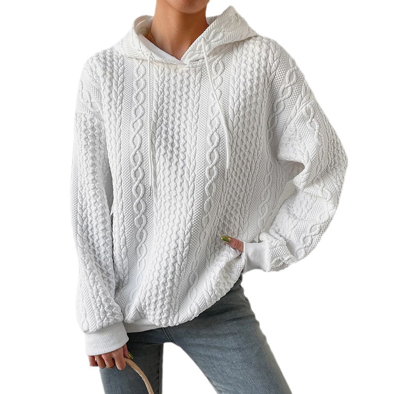 Plus Size Jacquard Hooded Lace-Up Long Sleeve Knit Sweatshirt