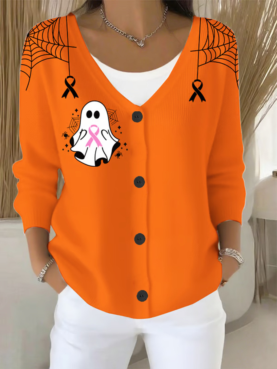 Women's Pet Print Ribbon Ghost Button Cardigan Sweater