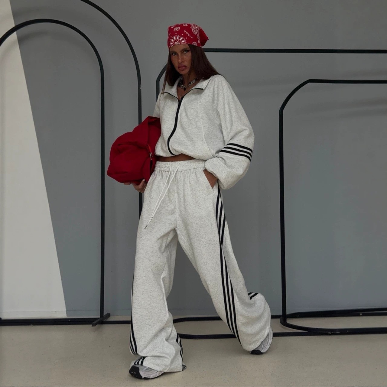 Striped Color-Block Stand-Collar Jacket & Elastic-Waist Pants Cotton-Blend Set