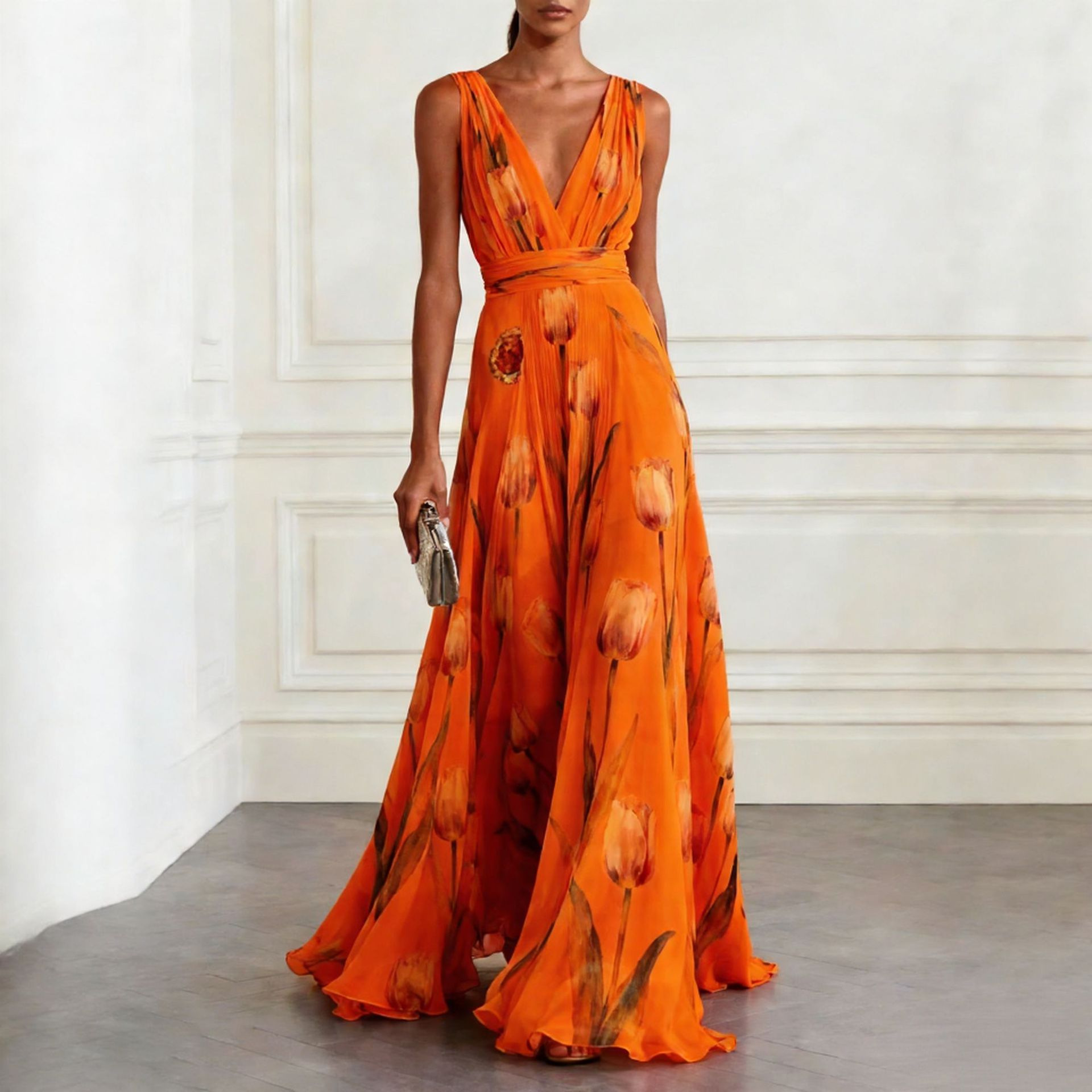 Women's Floral Print V-Neck Evening Dress Sleeveless High Waist A-Line Long Gown