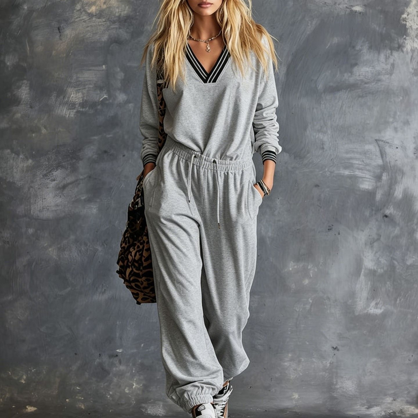 Women's V-Neck Long Sleeve Top and Drawstring Pants Two-Piece Set