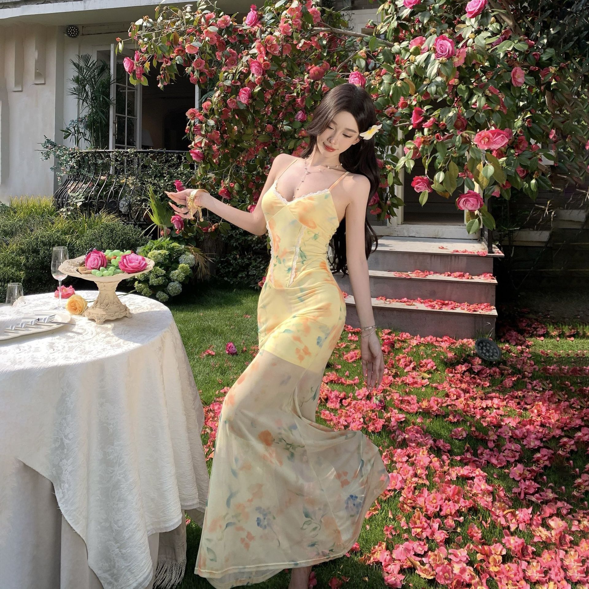 French Yellow Floral Cami Dress Slim Fit Mermaid Midi