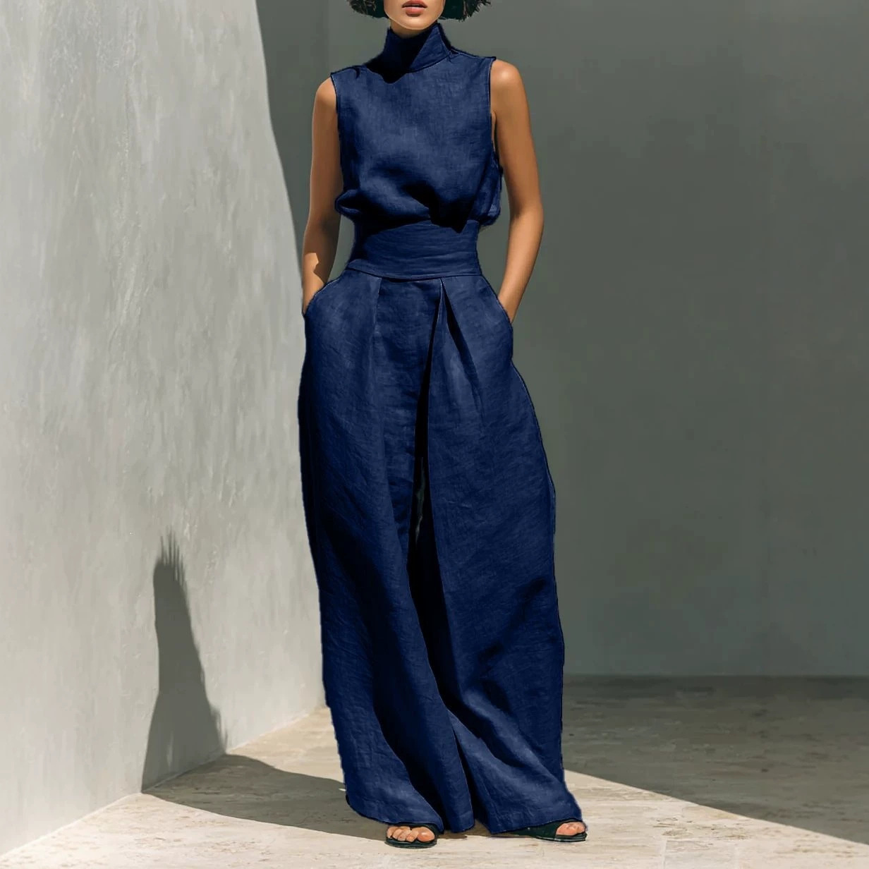 Women's Solid Sleeveless Top and Wide-Leg Pants Set