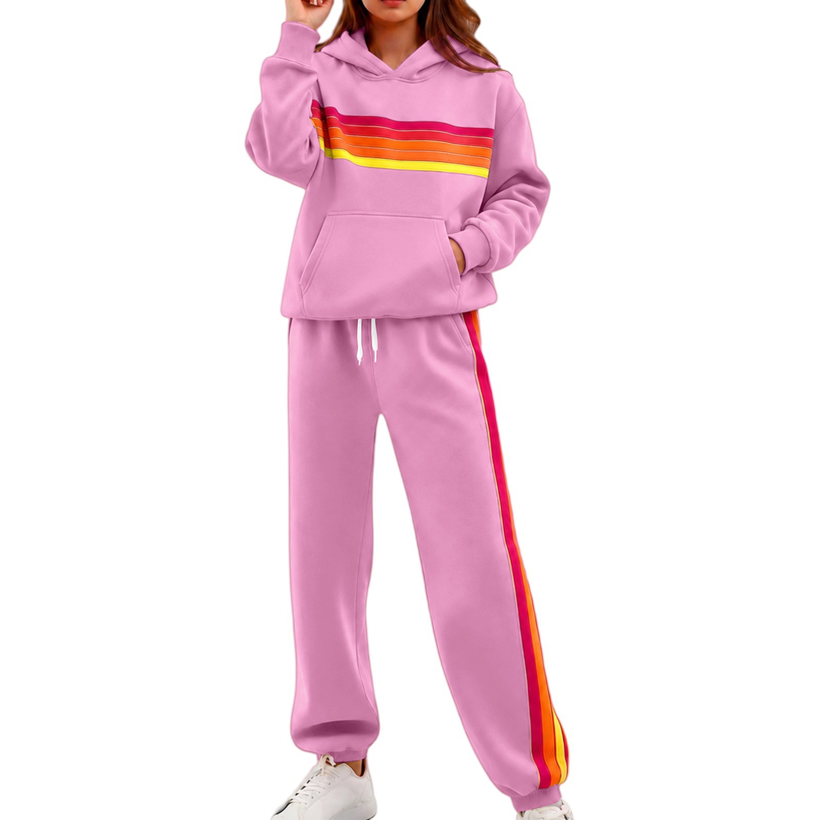 Women's Hooded Colorblock Striped Loungewear Set with Elastic Waist
