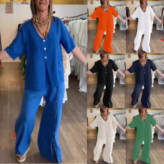 Solid Color Short Sleeve Button Slit Cotton Linen Pant Set
