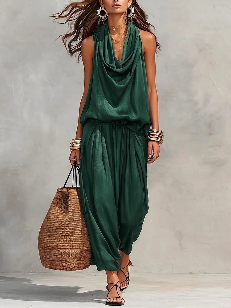 Sleeveless Cowl Neck Tank Top & Drapey Pants Set