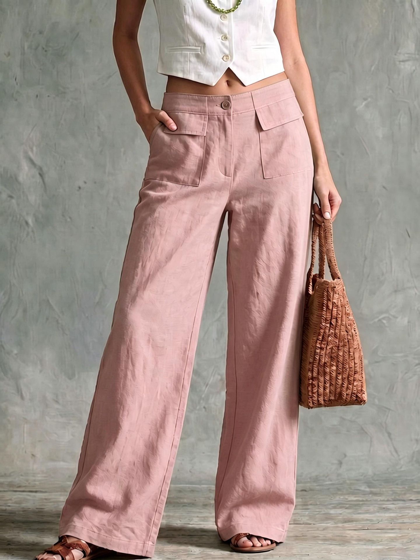 Women's Solid Color Cotton-Linen Wide-Leg Pants High Waist Loose Casual Long Pants