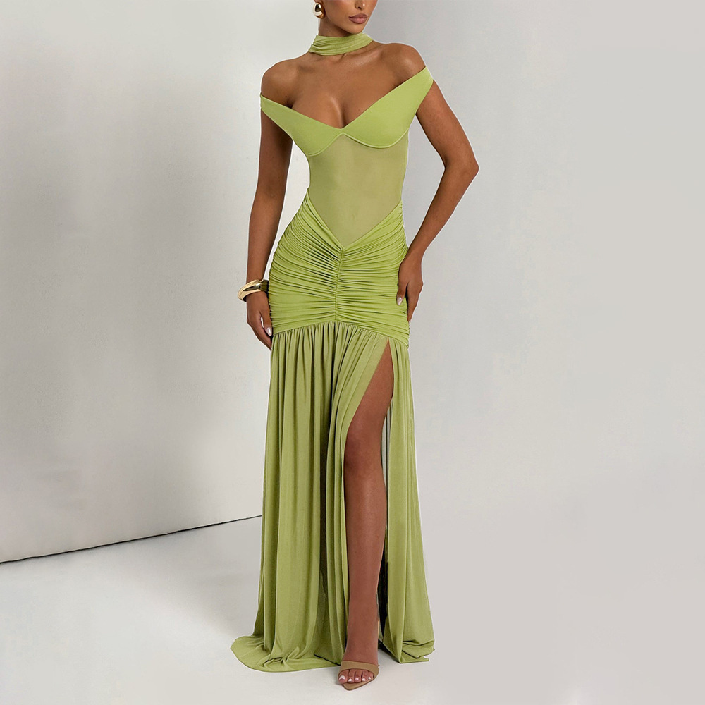 Women's Strapless Mesh Panel Ruched Slit Long Dress