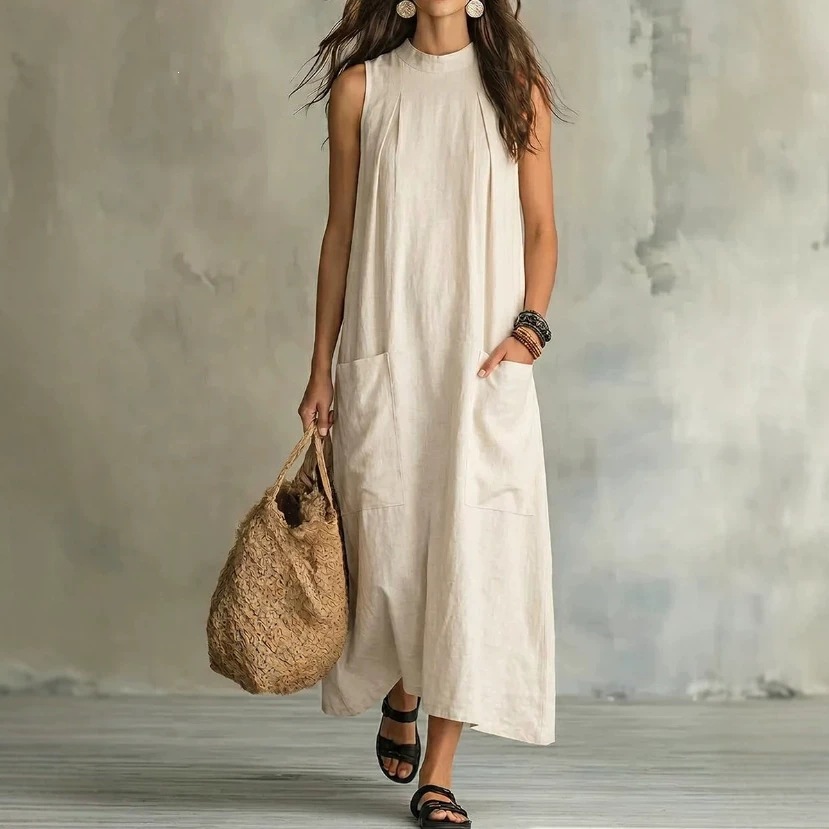 Retro Cotton-Linen Sleeveless Maxi Dress Solid Loose Flowy