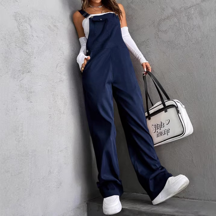 Women's Vintage Solid Straight-Leg Cargo Overalls Loose Casual Jumpsuit