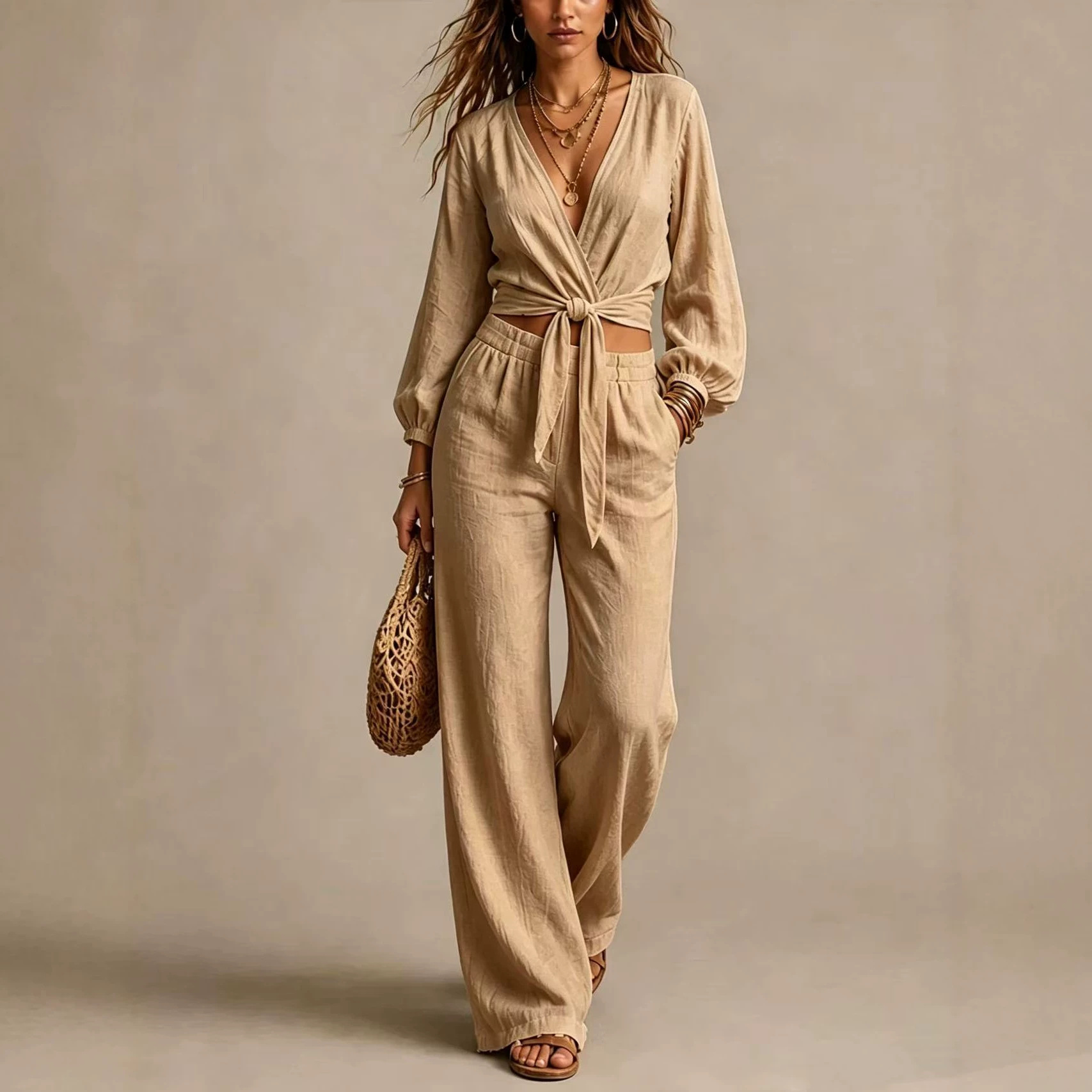 Women's V-Neck Tie-Waist Casual Pant Set