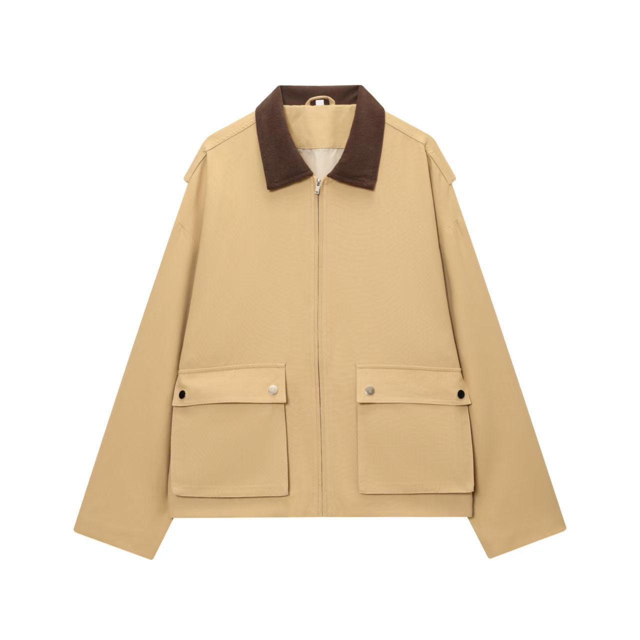 Women's Color-Block Khaki Jacket with Square Neck and Pockets