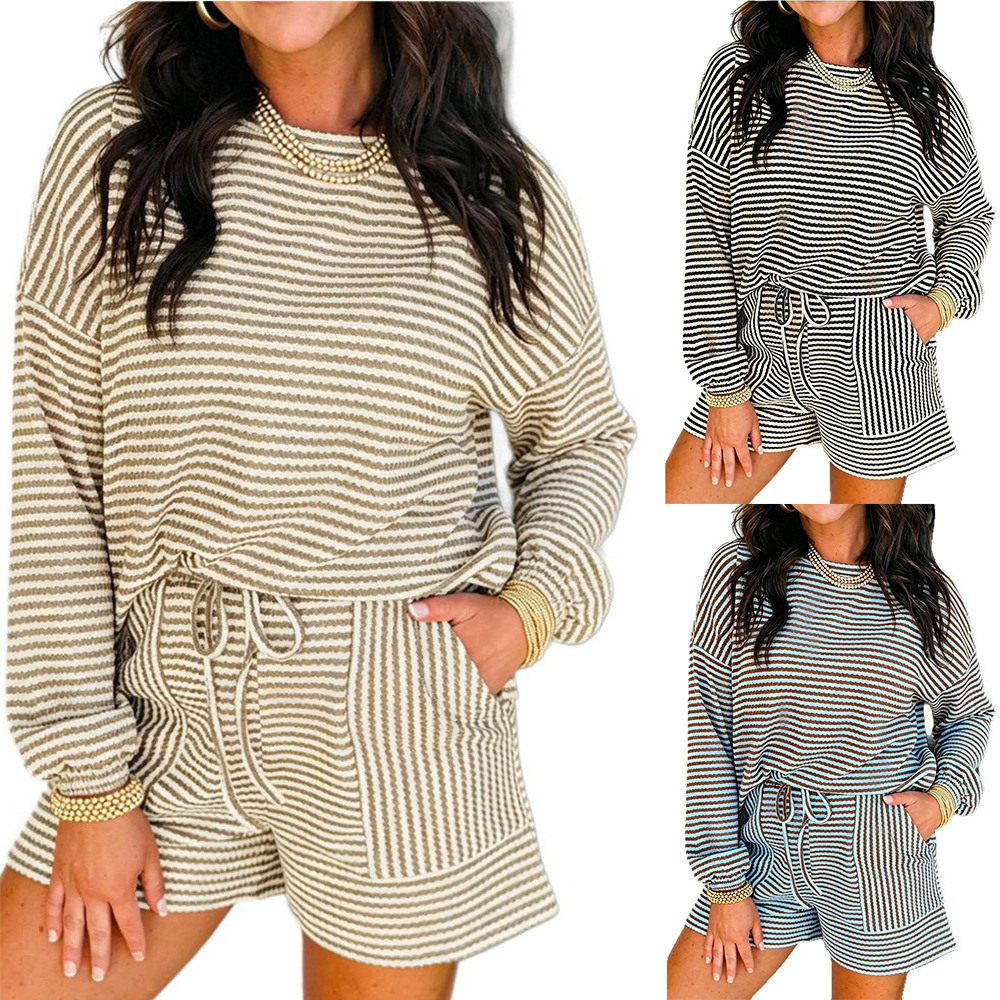 Striped Knit Two-Piece Set Women's Loose Long-Sleeve Top and Shorts