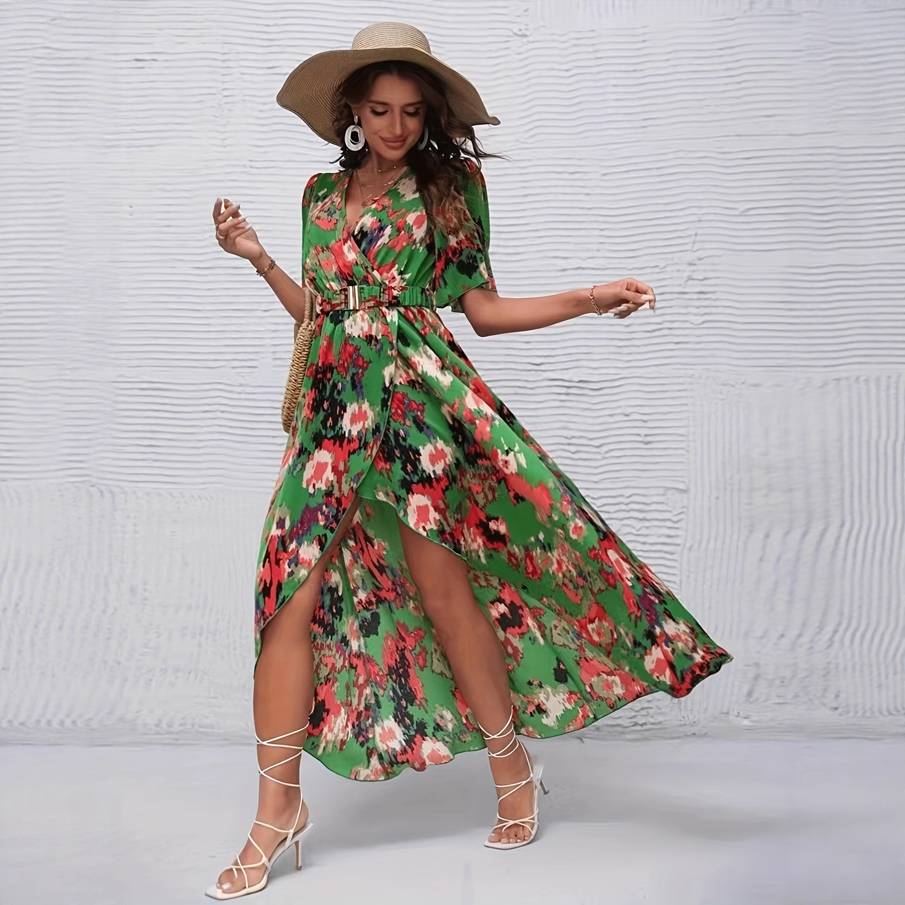 Bohemian V-Neck Gradient Print Cinched Waist Beach Dress