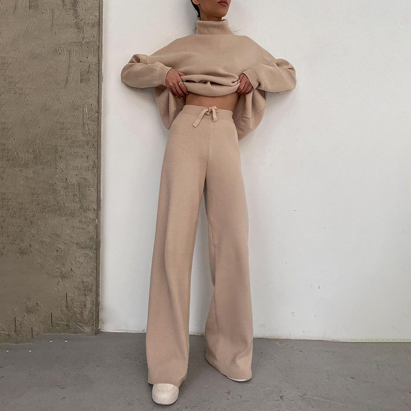 Women's Long Sleeve Wide Leg Pants Set High Neck Loose Casual Two Piece