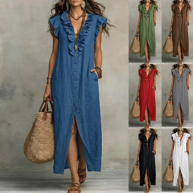 Boho Ruffle V-Neck Button-Front Maxi Dress with Pockets