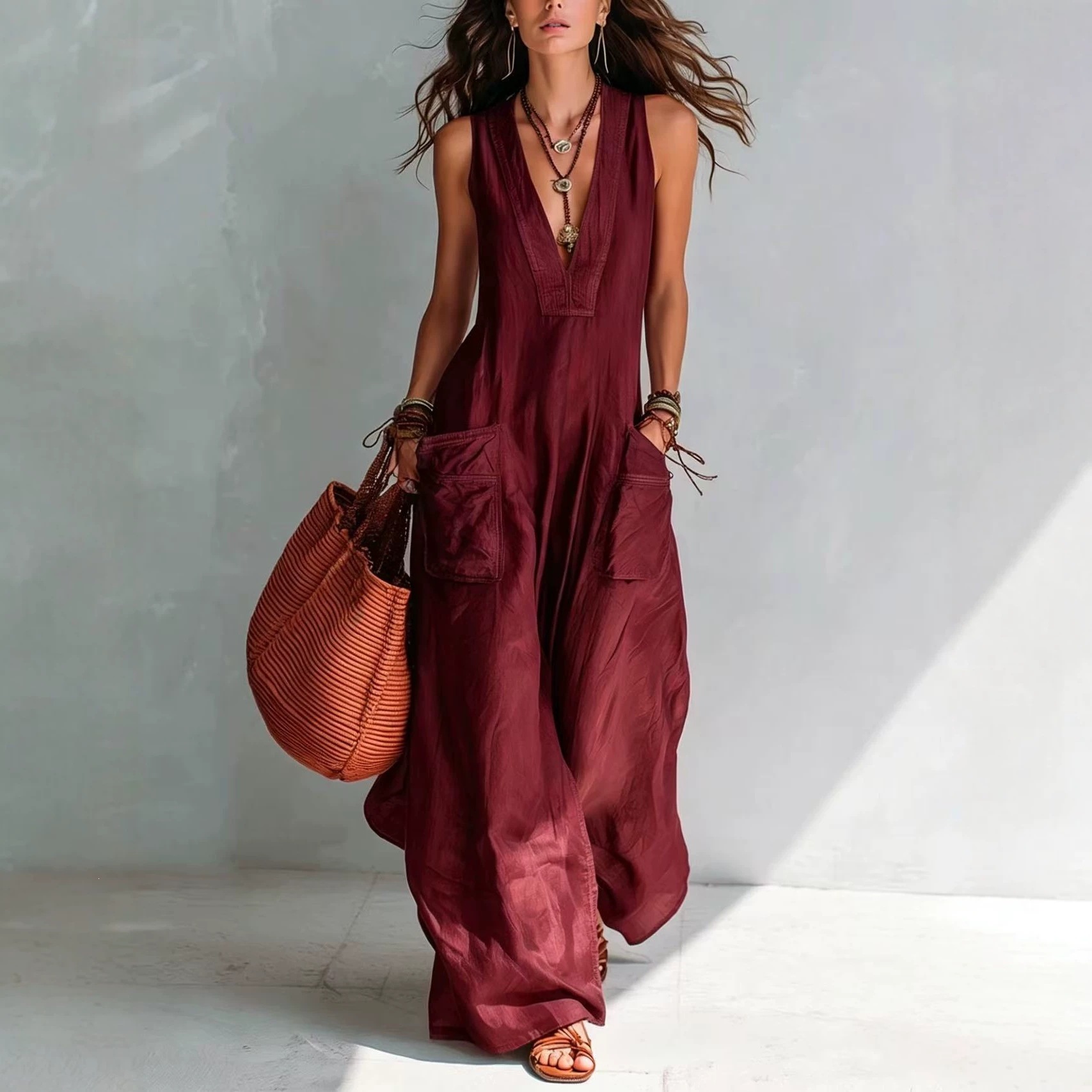 Women's Solid V-Neck Loose Wide-Leg Jumpsuit with Pockets