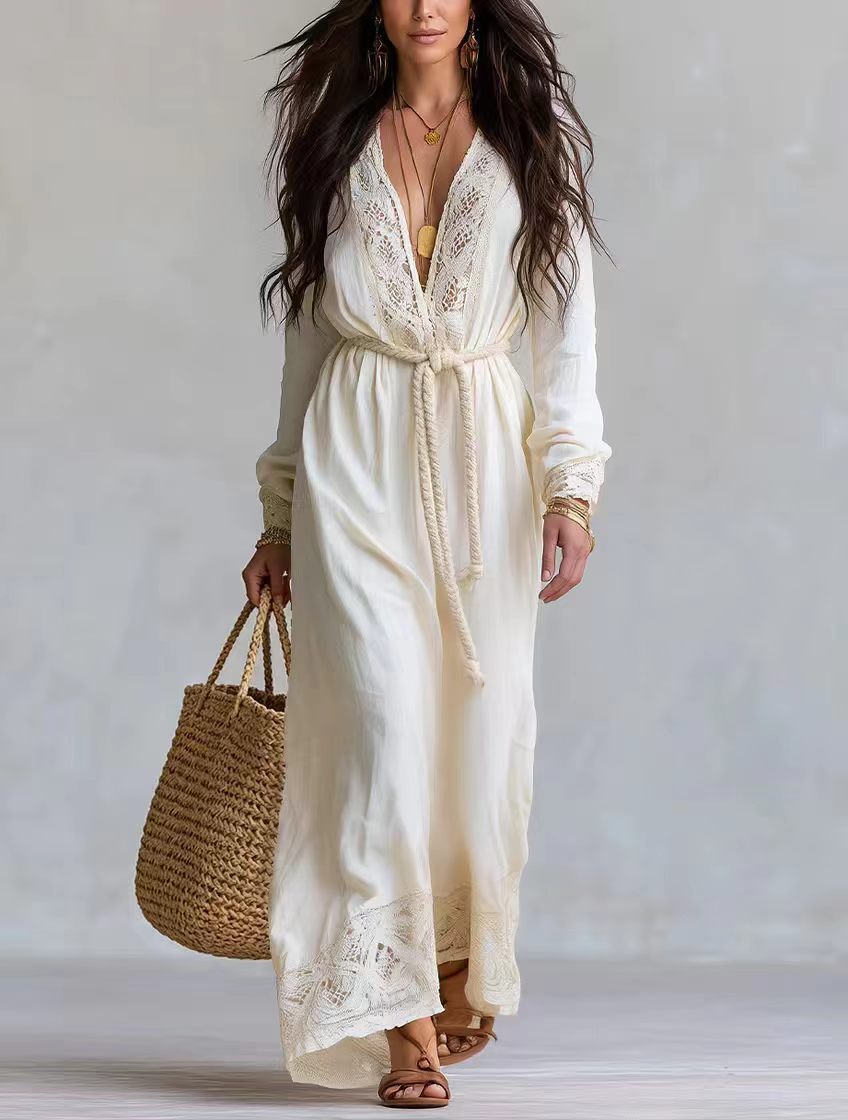 Bohemian V-Neck Lace Tie Long Dress