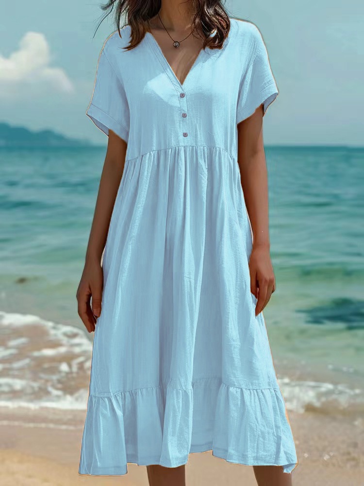 V-Neck Three-Button Short Sleeve High Waist Ruffle Midi Dress