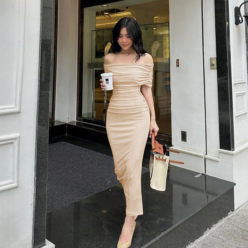 Off-Shoulder Ruched Slit Long Dress